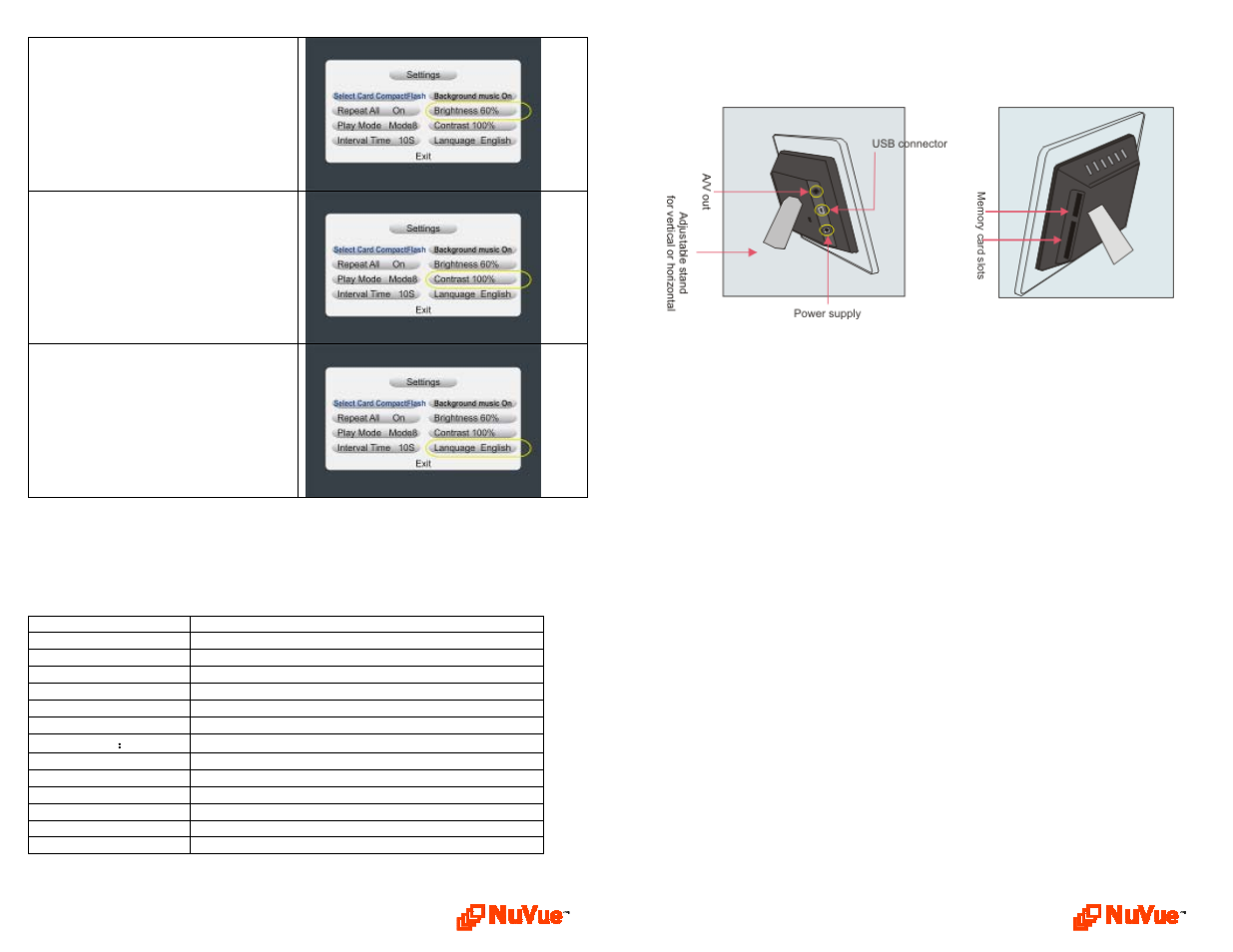 Specifications, Connections, Connecting to the usb port | Digital Spectrum NuVue NV-562 User Manual | Page 3 / 4
