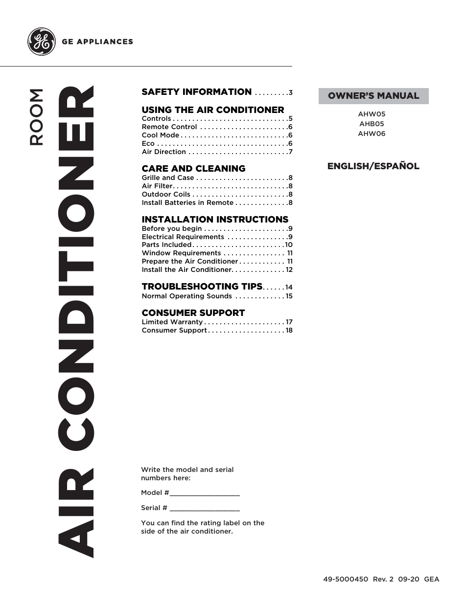 GE 6,000 BTU Window Room Air Conditioner Owners Guide User Manual | 36 pages