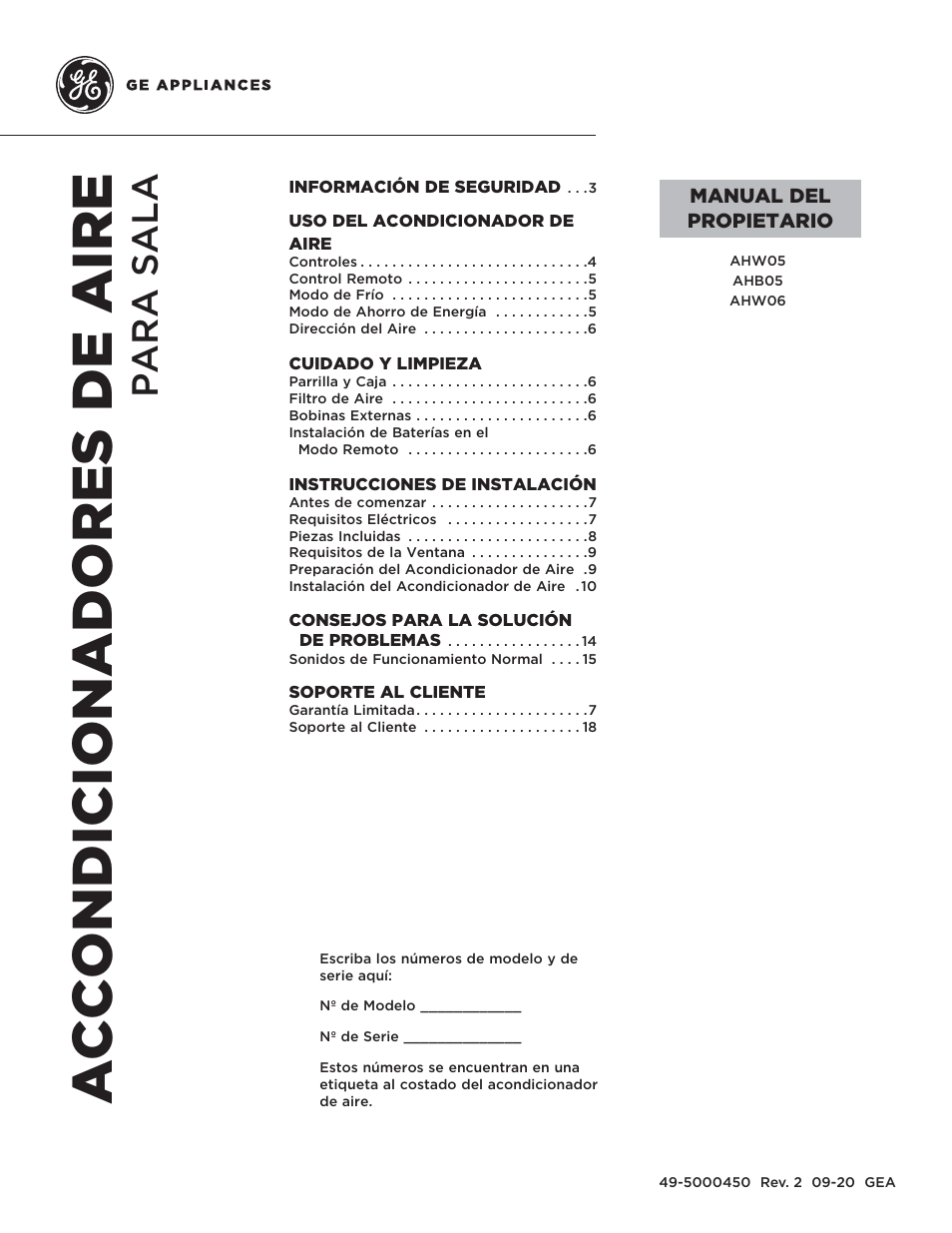 Accondicionadores de aire, Para sala | GE 6,000 BTU Window Room Air Conditioner Owners Guide User Manual | Page 19 / 36