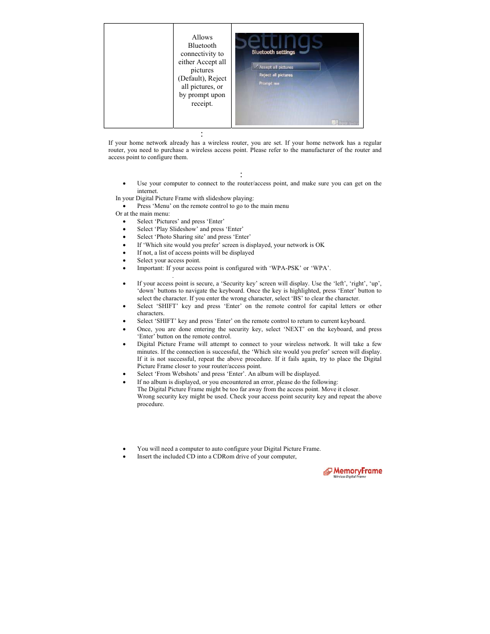 Network requirement, Test your network/access point, Auto configure your digital picture frame | Digital Spectrum MemoryFrame MF-8000 User Manual | Page 16 / 39