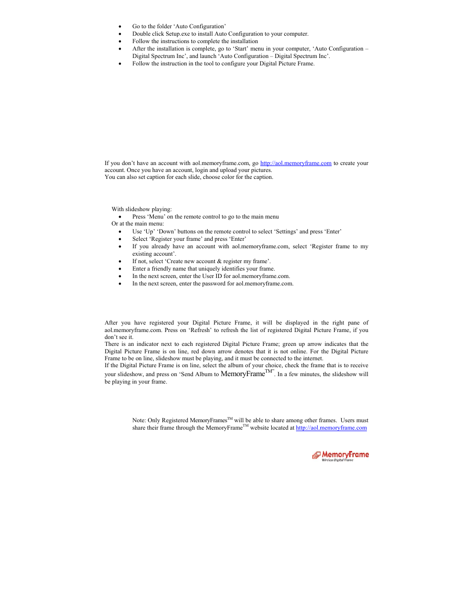 Register your digital picture frame, Push slideshow to your digital picture frame, Picture sharing | Digital Spectrum MemoryFrame MF-8000 User Manual | Page 17 / 39