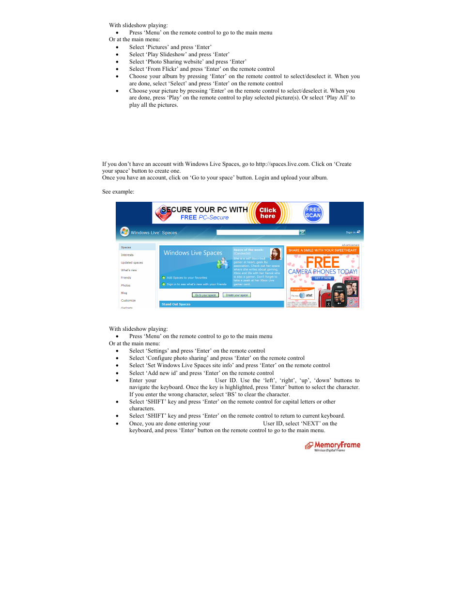 C. from windows live space get a free account, Configure digital picture frame | Digital Spectrum MemoryFrame MF-8000 User Manual | Page 23 / 39