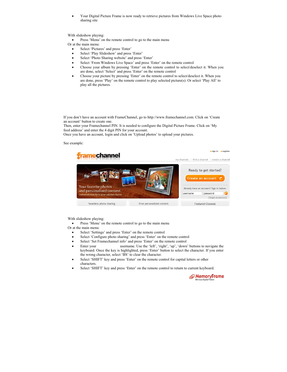 Retrieve your pictures, D. from framechannel get a free account, Configure digital picture frame | Digital Spectrum MemoryFrame MF-8000 User Manual | Page 24 / 39