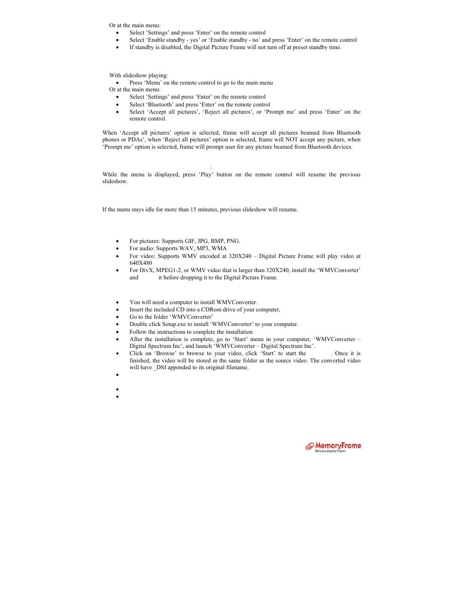 Resume previous slideshow, Auto resume, Supported media type | Wmvconverter, Pc connection | Digital Spectrum MemoryFrame MF-8000 User Manual | Page 33 / 39
