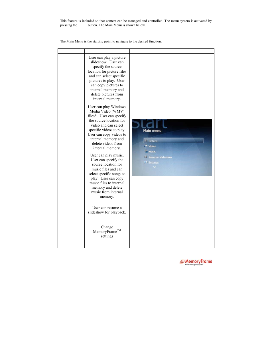 On screen menu controls, Main menu | Digital Spectrum MemoryFrame MF-8000 User Manual | Page 5 / 39