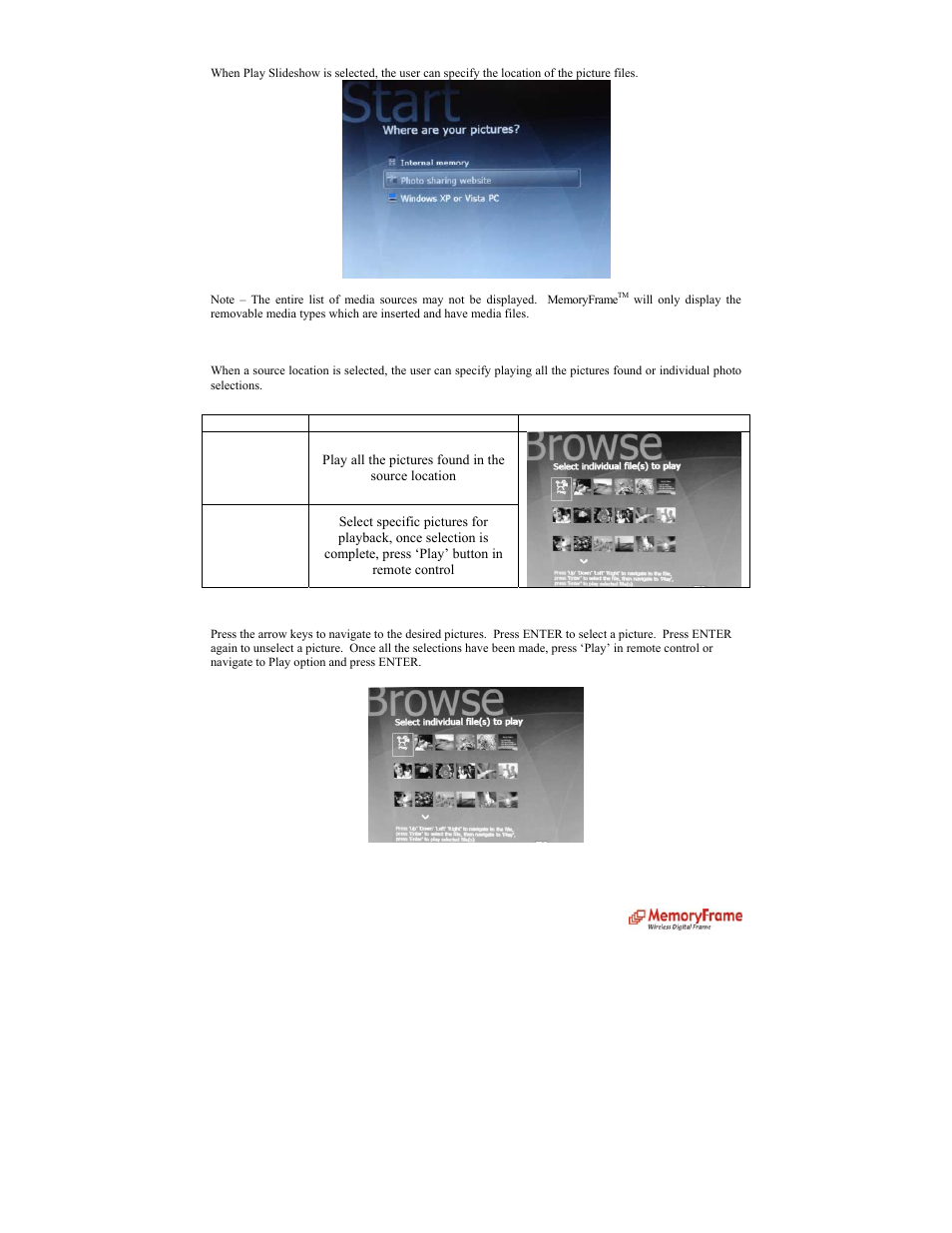 Play slideshow, Picture selection, Choose individual picture(s) | Digital Spectrum MemoryFrame MF-8000 User Manual | Page 7 / 39