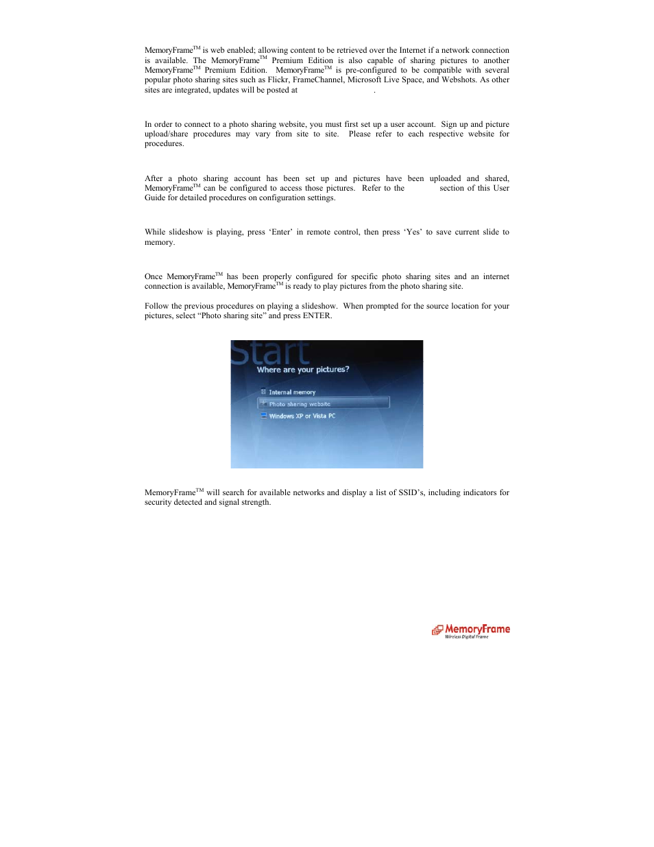 Photo sharing, Photo sharing account set up, For photo sharing | Save picture while playing slideshow, Play pictures from a photo sharing site | Digital Spectrum MemoryFrame MF-8000 User Manual | Page 8 / 39
