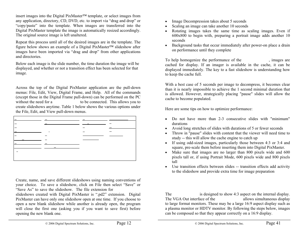 Page 12, 6 pull-down menus, controls, commands, 7 naming and saving slideshows | Page 41, 2 steps to create 16:9 content for, Landscape) | Digital Spectrum 1862-MF-61-7 User Manual | Page 18 / 32