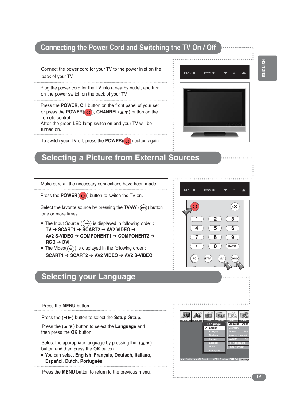 Selecting a picture from external sources, Selecting your language | Daitsu LCD Display & TV User Manual | Page 15 / 48