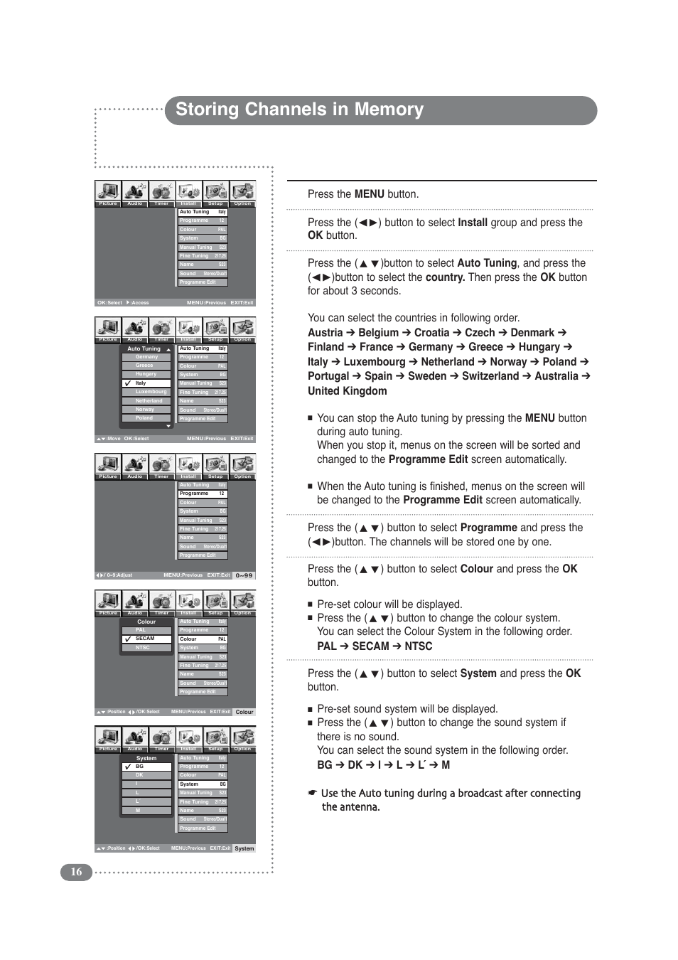 Button to select colour and press the ok button, Pre-set colour will be displayed, Press the | Button to select system and press the ok button, Pre-set sound system will be displayed | Daitsu LCD Display & TV User Manual | Page 16 / 48