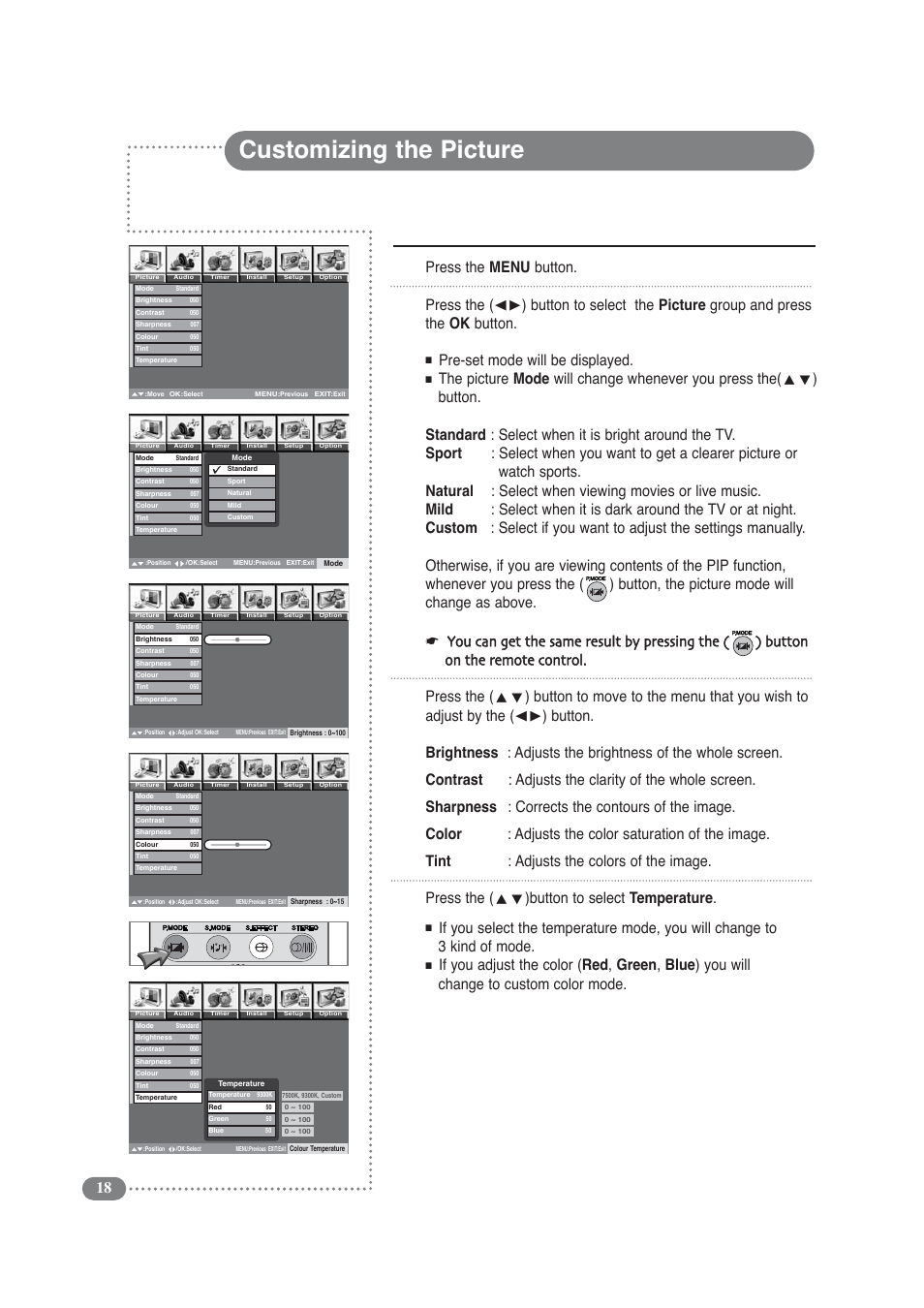 Customizing the picture, Pre-set mode will be displayed, Button to select temperature | Daitsu LCD Display & TV User Manual | Page 18 / 48
