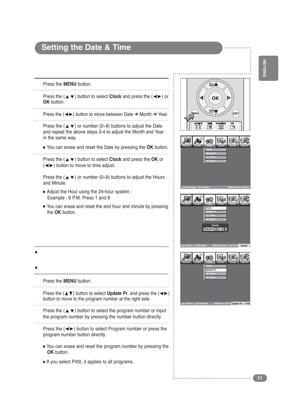 Setting the date & time, Update programme, Press the menu button. press the | If you select pr00, it applies to all programs | Daitsu LCD Display & TV User Manual | Page 21 / 48