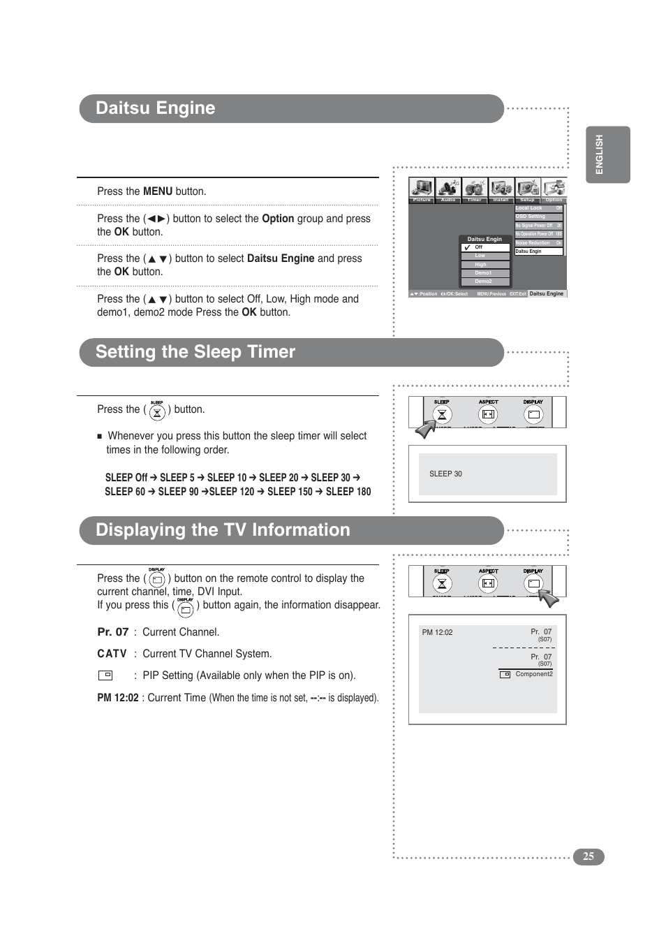 Daitsu engine, Setting the sleep timer, Displaying the tv information | Press the ( ) button | Daitsu LCD Display & TV User Manual | Page 25 / 48