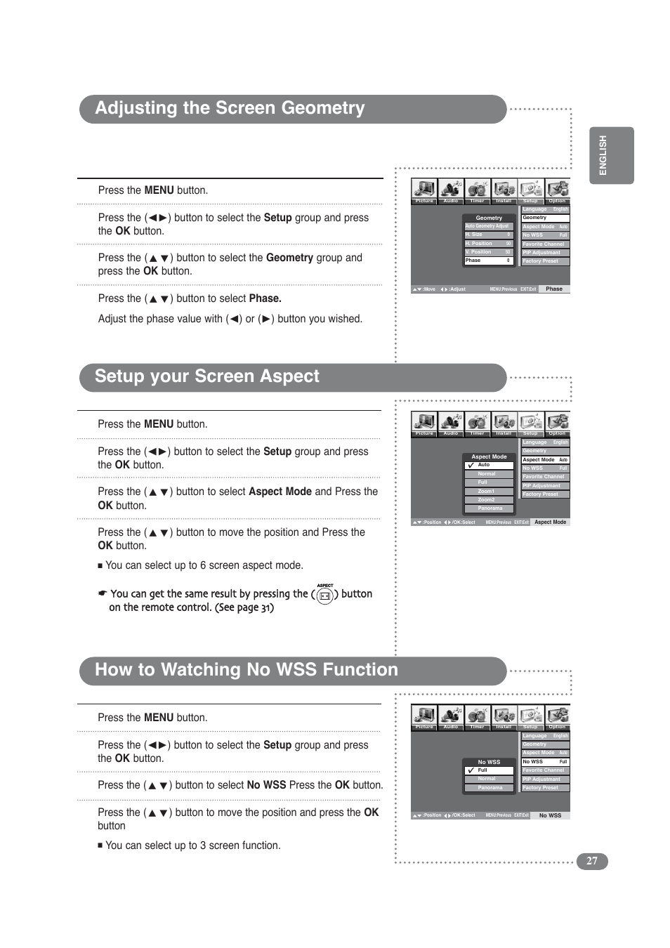 Adjusting the screen geometry, Setup your screen aspect, How to watching no wss function | 12 3 4 adjusting the phase, This function does not work in dvi-digital mode, You can select up to 3 screen function | Daitsu LCD Display & TV User Manual | Page 27 / 48