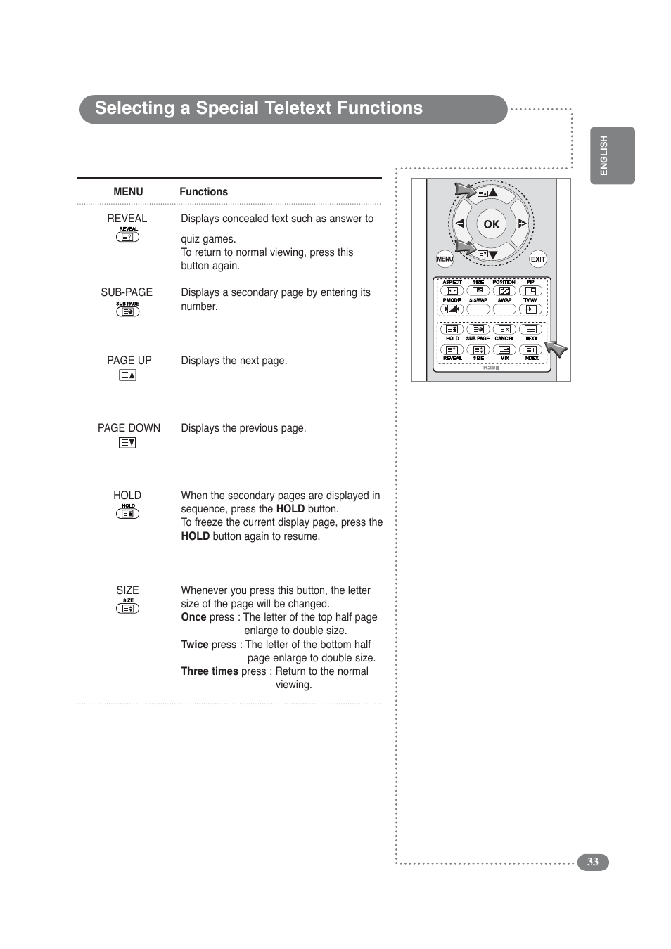Selecting a special teletext functions | Daitsu LCD Display & TV User Manual | Page 33 / 48