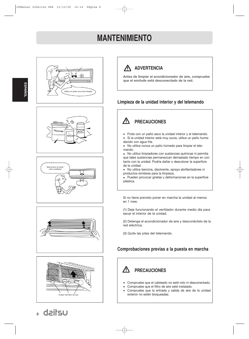 Mantenimiento, Advertencia, Precauciones | Daitsu ASD 129U11 User Manual | Page 10 / 98