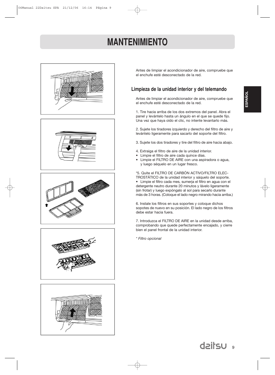 Mantenimiento, Limpieza de la unidad interior y del telemando | Daitsu ASD 129U11 User Manual | Page 11 / 98
