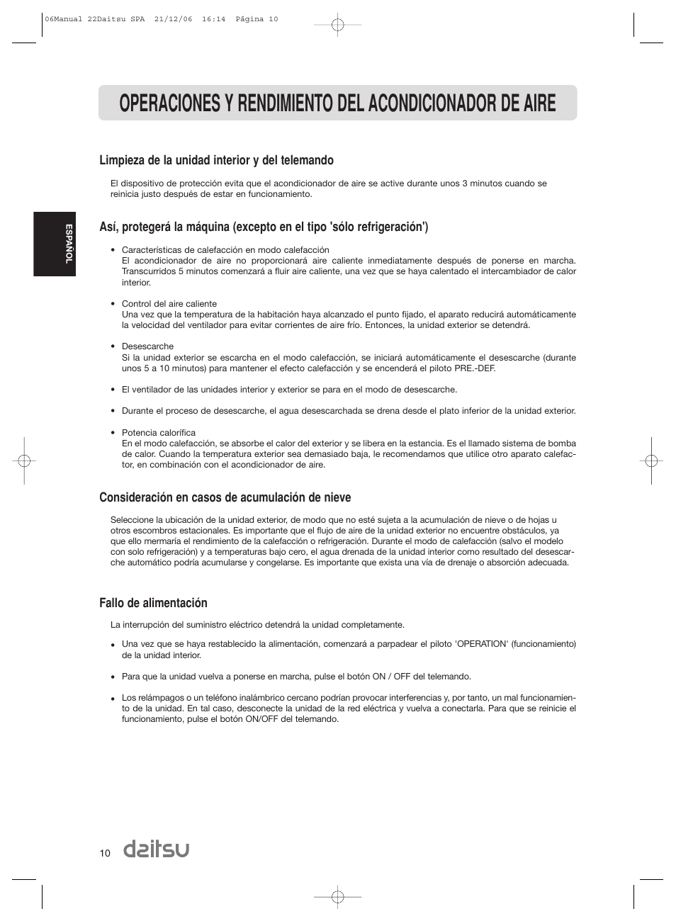 Limpieza de la unidad interior y del telemando, Consideración en casos de acumulación de nieve, Fallo de alimentación | Daitsu ASD 129U11 User Manual | Page 12 / 98