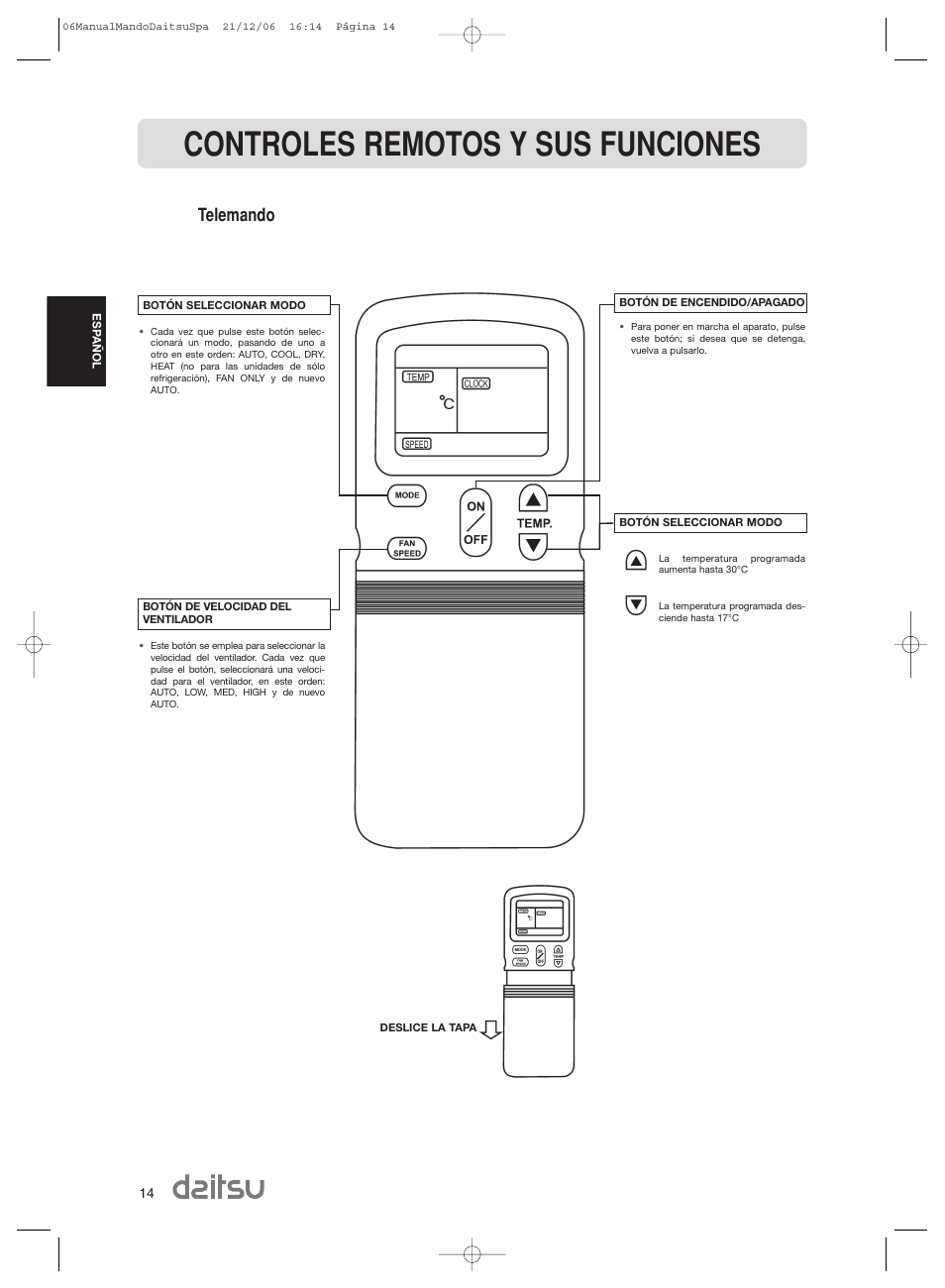 Controles remotos y sus funciones, Telemando | Daitsu ASD 129U11 User Manual | Page 16 / 98