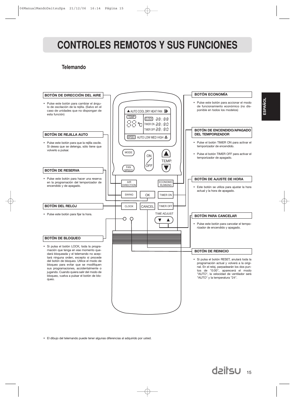 Controles remotos y sus funciones, Telemando | Daitsu ASD 129U11 User Manual | Page 17 / 98