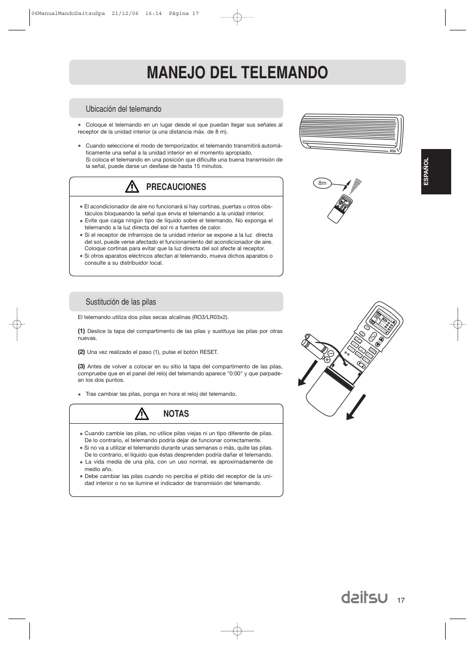 Manejo del telemando, Precauciones, Notas | Ubicación del telemando, Sustitución de las pilas | Daitsu ASD 129U11 User Manual | Page 19 / 98
