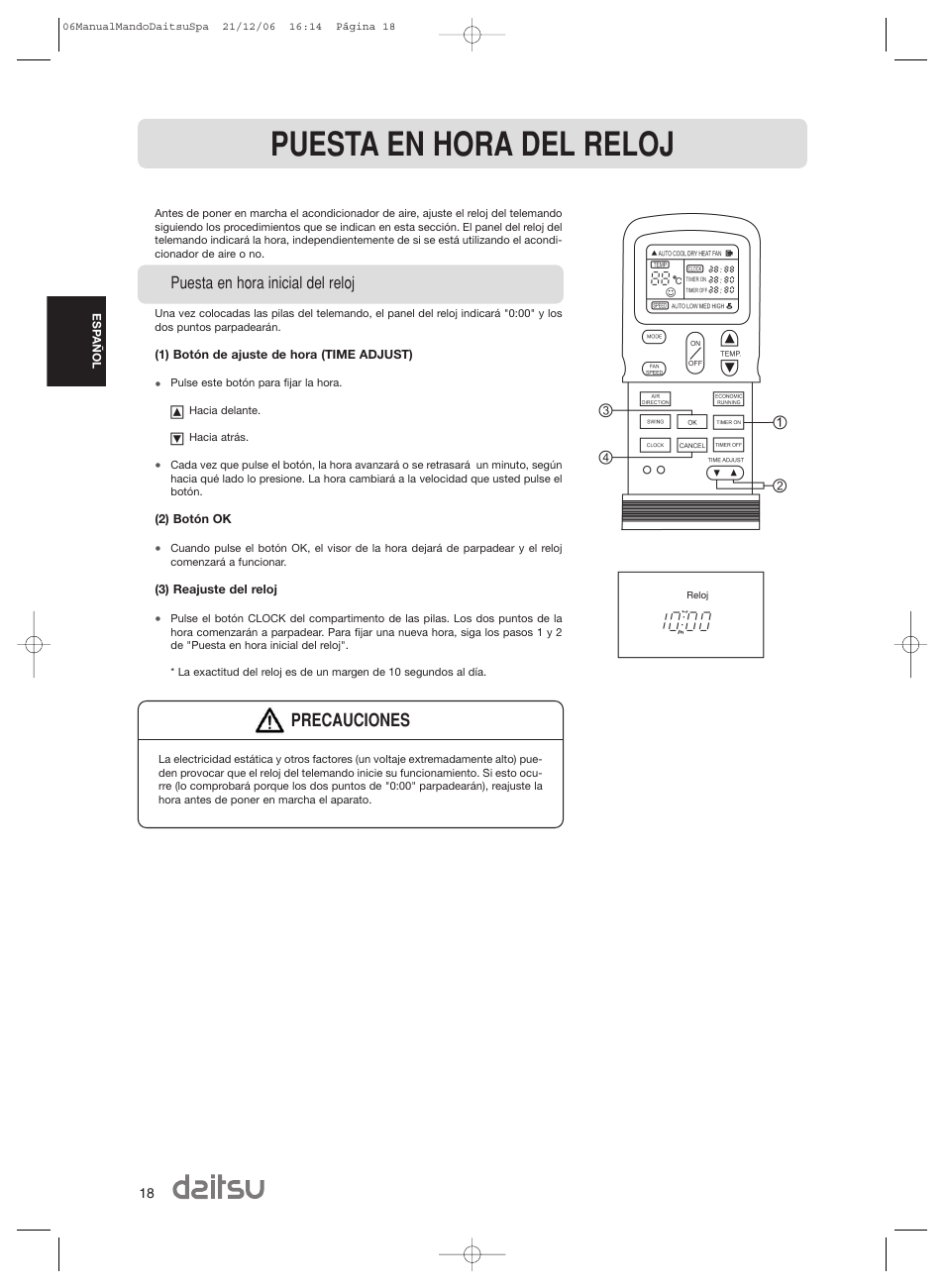 Puesta en hora del reloj, Precauciones | Daitsu ASD 129U11 User Manual | Page 20 / 98