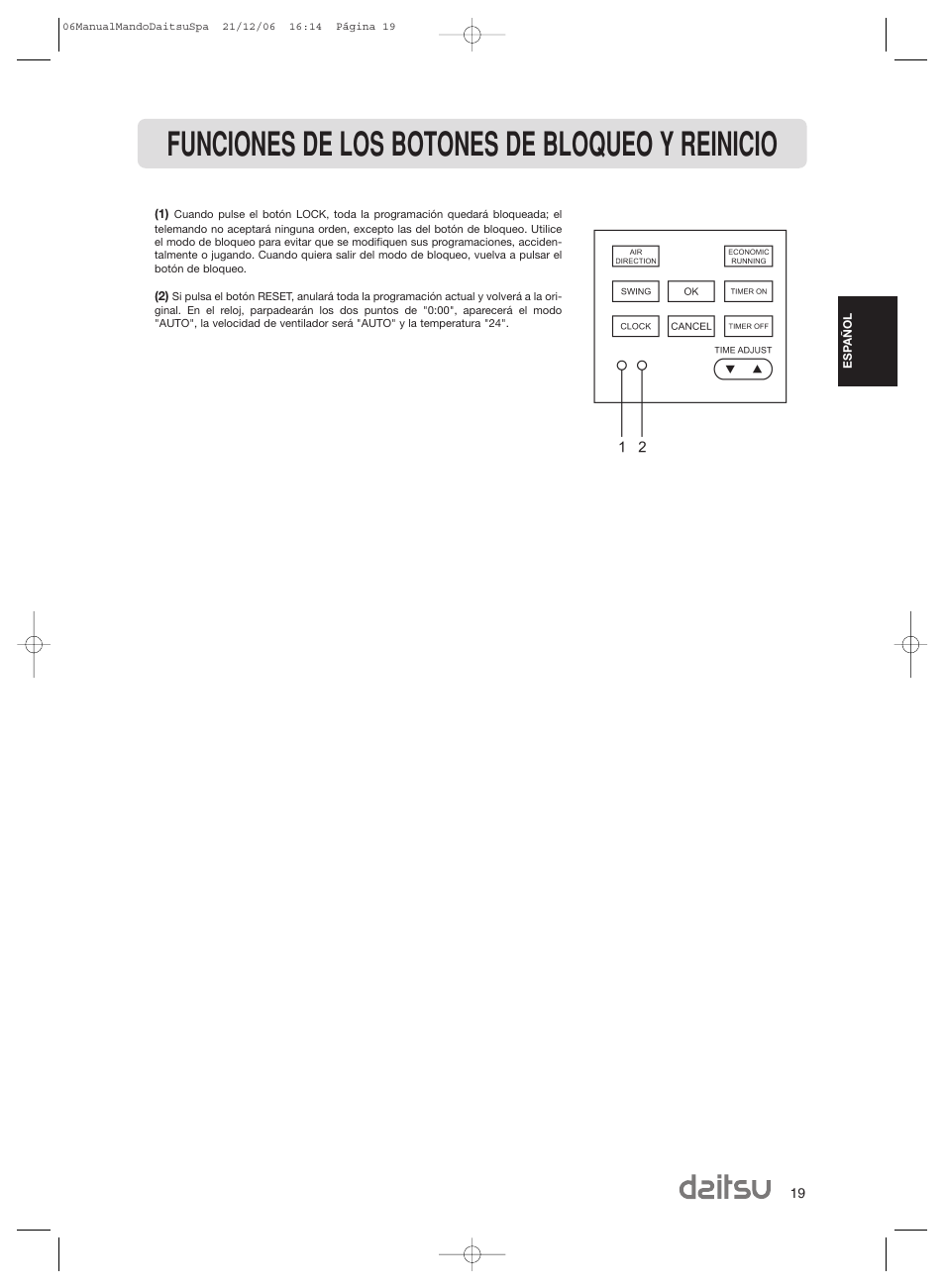 Funciones de los botones de bloqueo y reinicio | Daitsu ASD 129U11 User Manual | Page 21 / 98