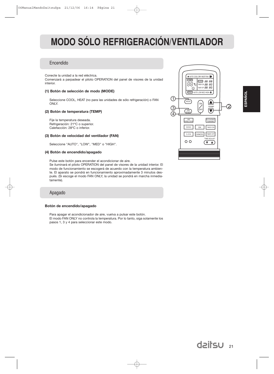 Modo sólo refrigeración/ventilador | Daitsu ASD 129U11 User Manual | Page 23 / 98