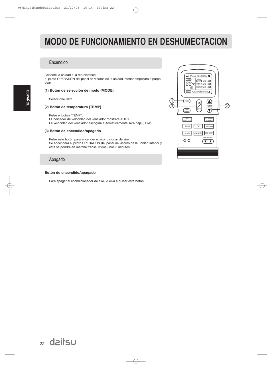 Modo de funcionamiento en deshumectacion | Daitsu ASD 129U11 User Manual | Page 24 / 98