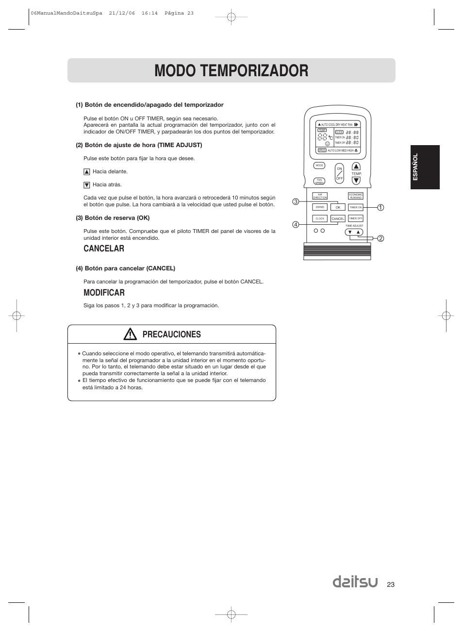 Modo temporizador, Cancelar, Modificar | Precauciones | Daitsu ASD 129U11 User Manual | Page 25 / 98