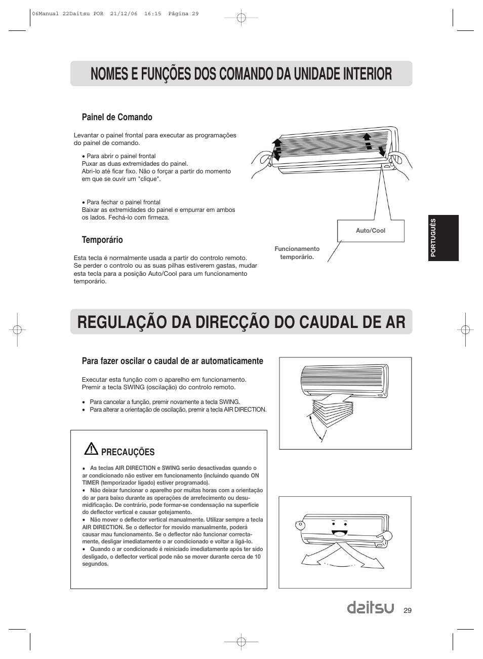 Painel de comando, Para fazer oscilar o caudal de ar automaticamente, Temporário | Precauções | Daitsu ASD 129U11 User Manual | Page 31 / 98