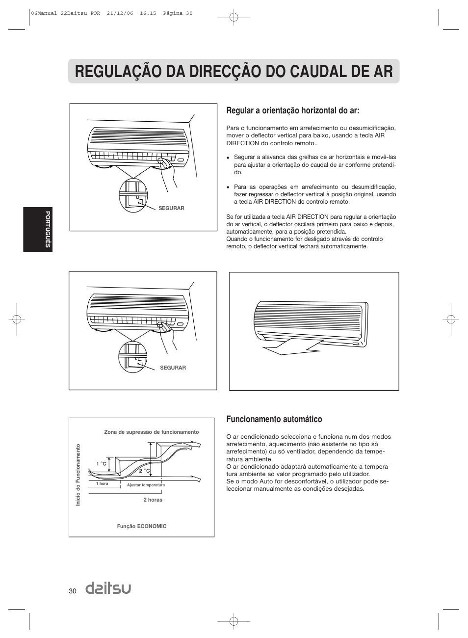 Regulação da direcção do caudal de ar, Regular a orientação horizontal do ar, Funcionamento automático | Daitsu ASD 129U11 User Manual | Page 32 / 98