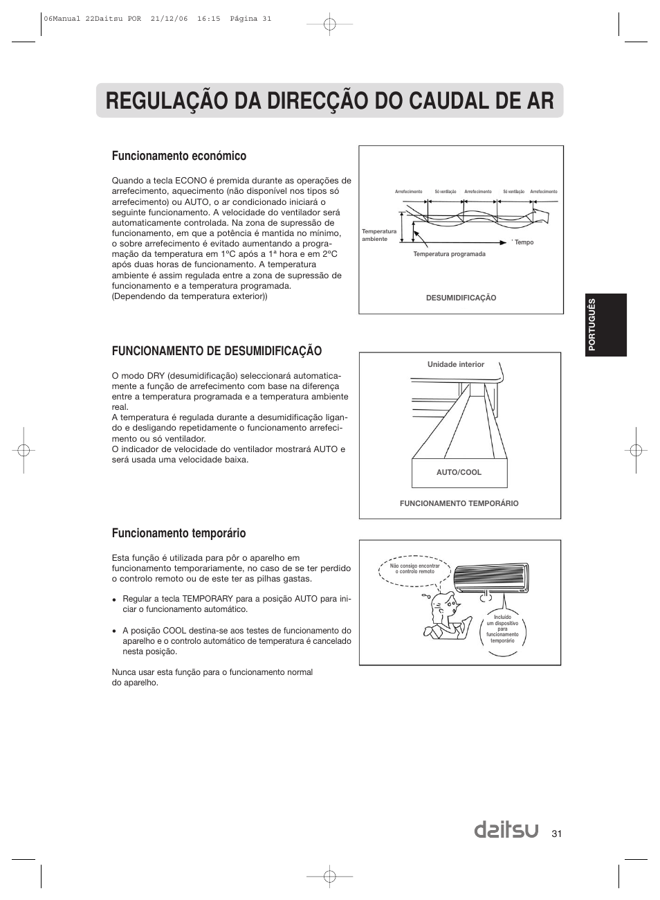 Regulação da direcção do caudal de ar, Funcionamento económico, Funcionamento de desumidificação | Funcionamento temporário | Daitsu ASD 129U11 User Manual | Page 33 / 98