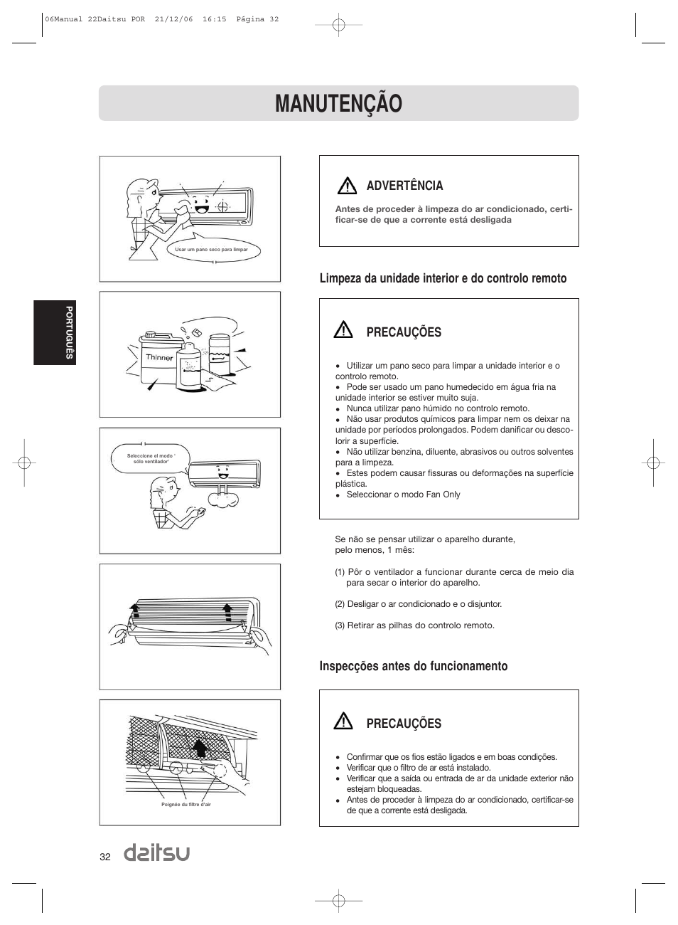 Manutenção, Advertência, Precauções | Daitsu ASD 129U11 User Manual | Page 34 / 98