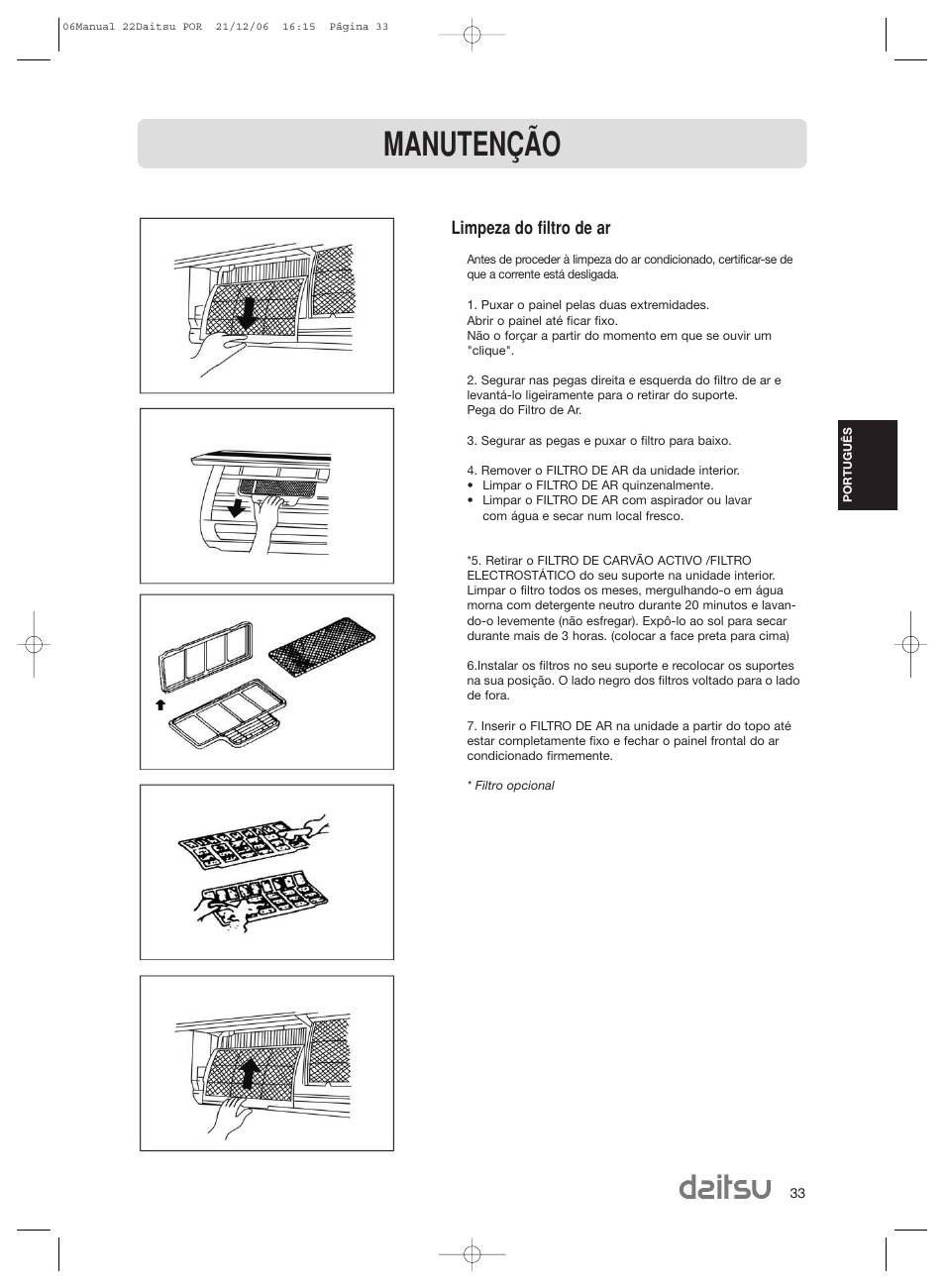 Manutenção, Limpeza do filtro de ar | Daitsu ASD 129U11 User Manual | Page 35 / 98