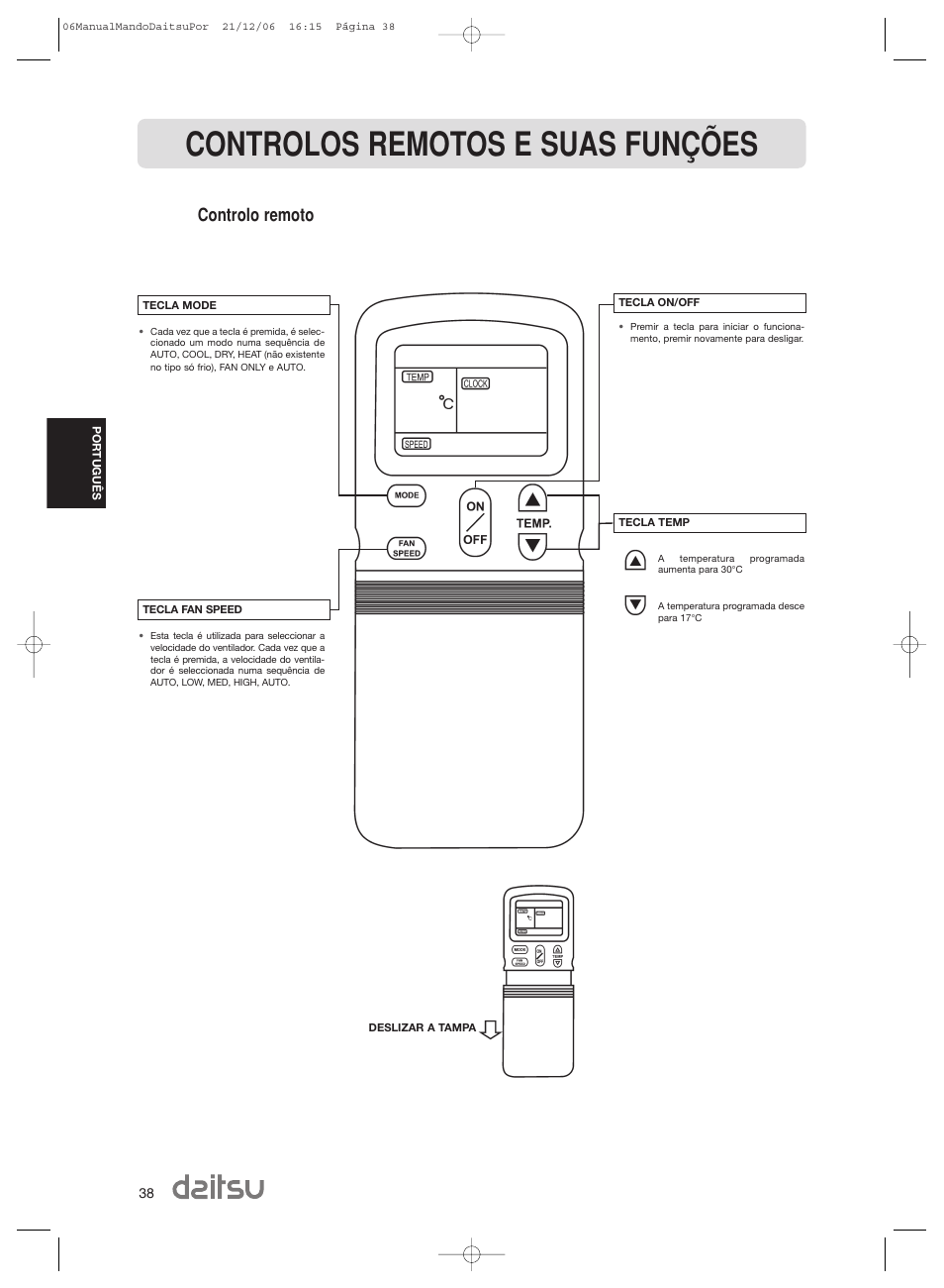 Controlos remotos e suas funções, Controlo remoto | Daitsu ASD 129U11 User Manual | Page 40 / 98