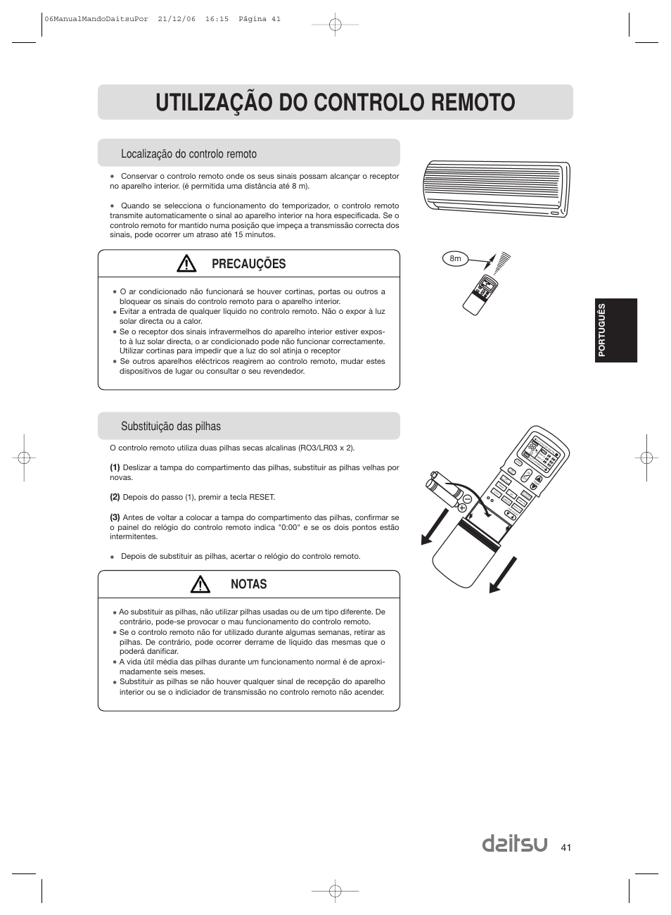 Utilização do controlo remoto, Precauções, Notas | Localização do controlo remoto, Substituição das pilhas | Daitsu ASD 129U11 User Manual | Page 43 / 98