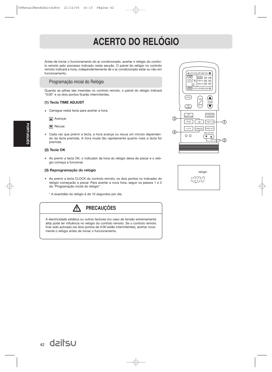 Acerto do relógio, Precauções | Daitsu ASD 129U11 User Manual | Page 44 / 98