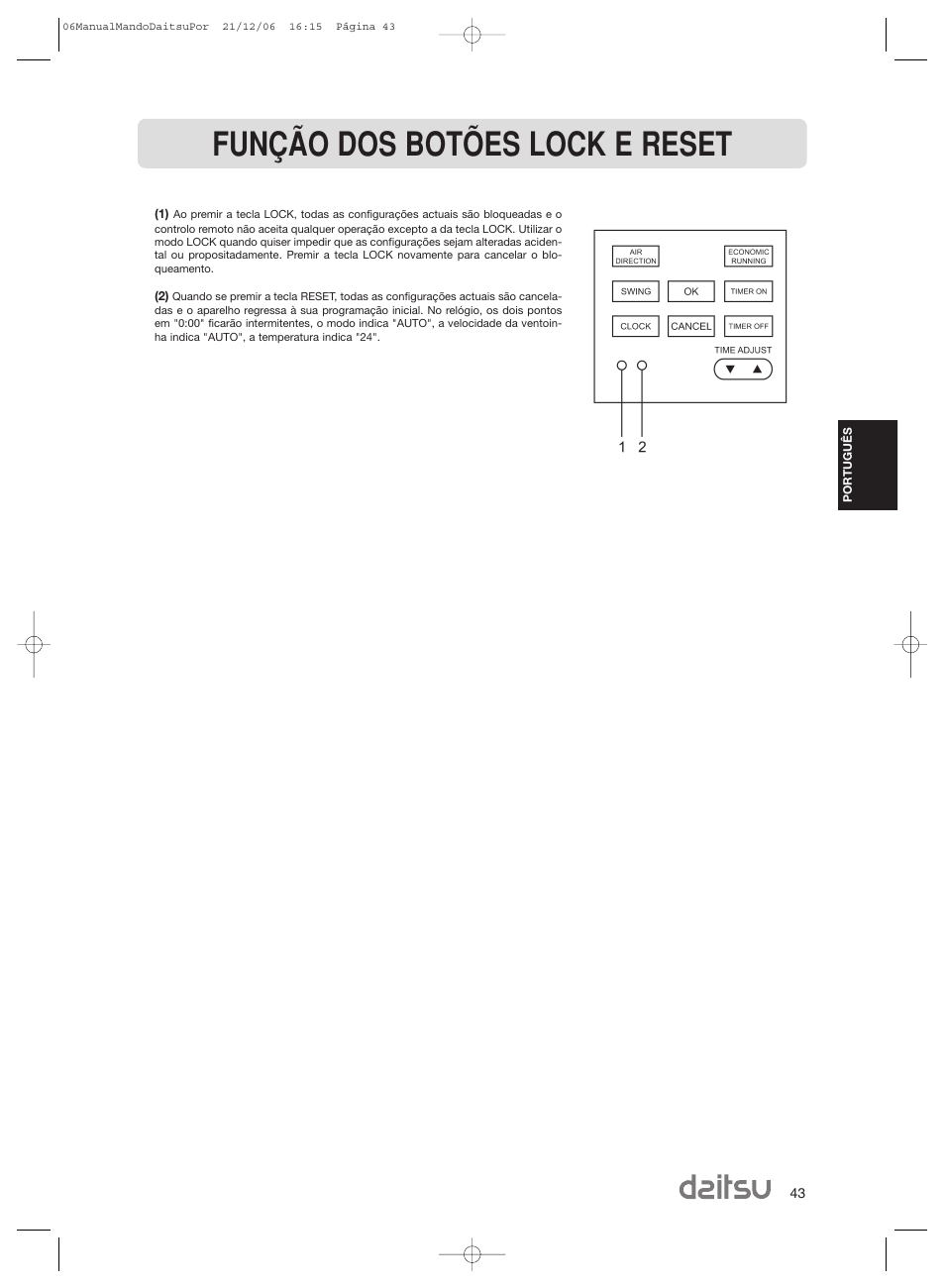 Função dos botões lock e reset | Daitsu ASD 129U11 User Manual | Page 45 / 98