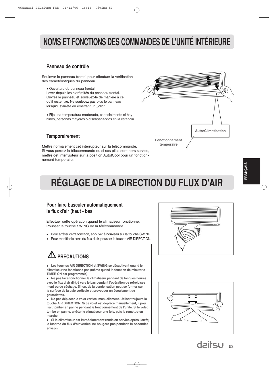 Panneau de contrôle, Temporairement, Precautions | Daitsu ASD 129U11 User Manual | Page 55 / 98