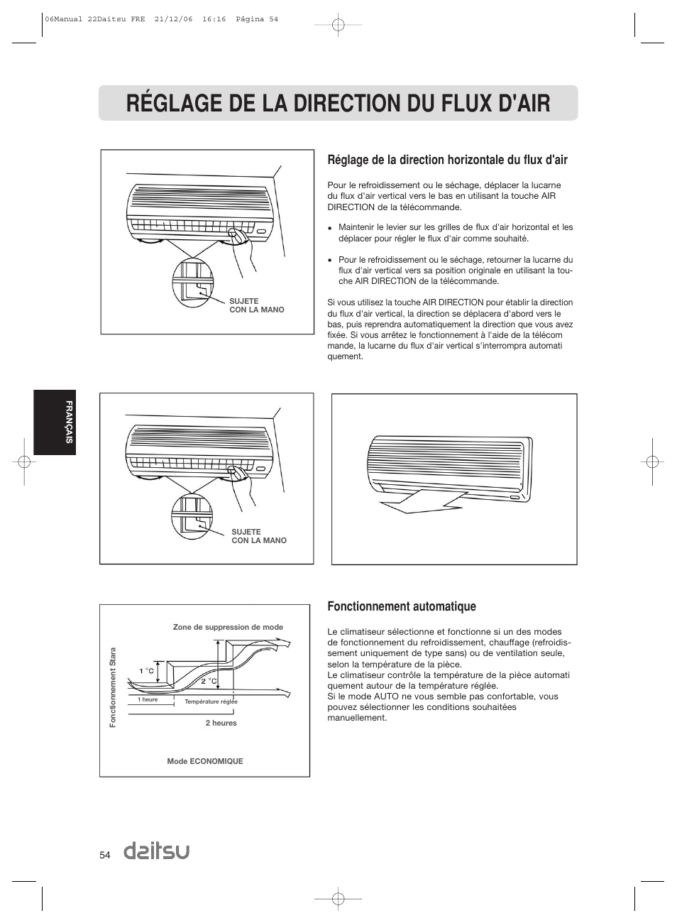 Réglage de la direction du flux d'air, Réglage de la direction horizontale du flux d'air, Fonctionnement automatique | Daitsu ASD 129U11 User Manual | Page 56 / 98
