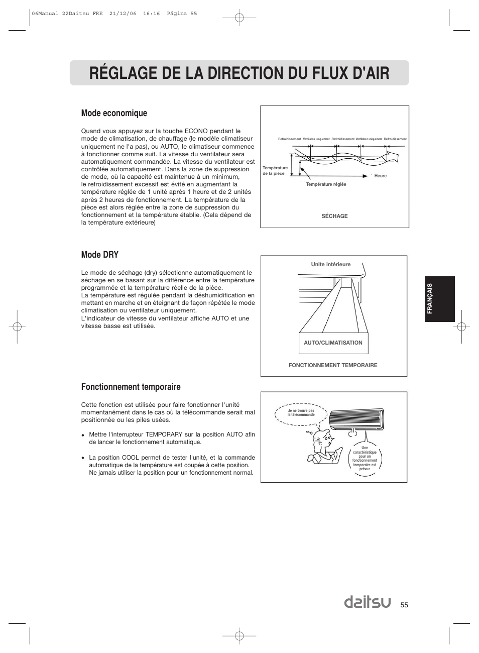 Réglage de la direction du flux d'air, Mode economique, Mode dry | Fonctionnement temporaire | Daitsu ASD 129U11 User Manual | Page 57 / 98