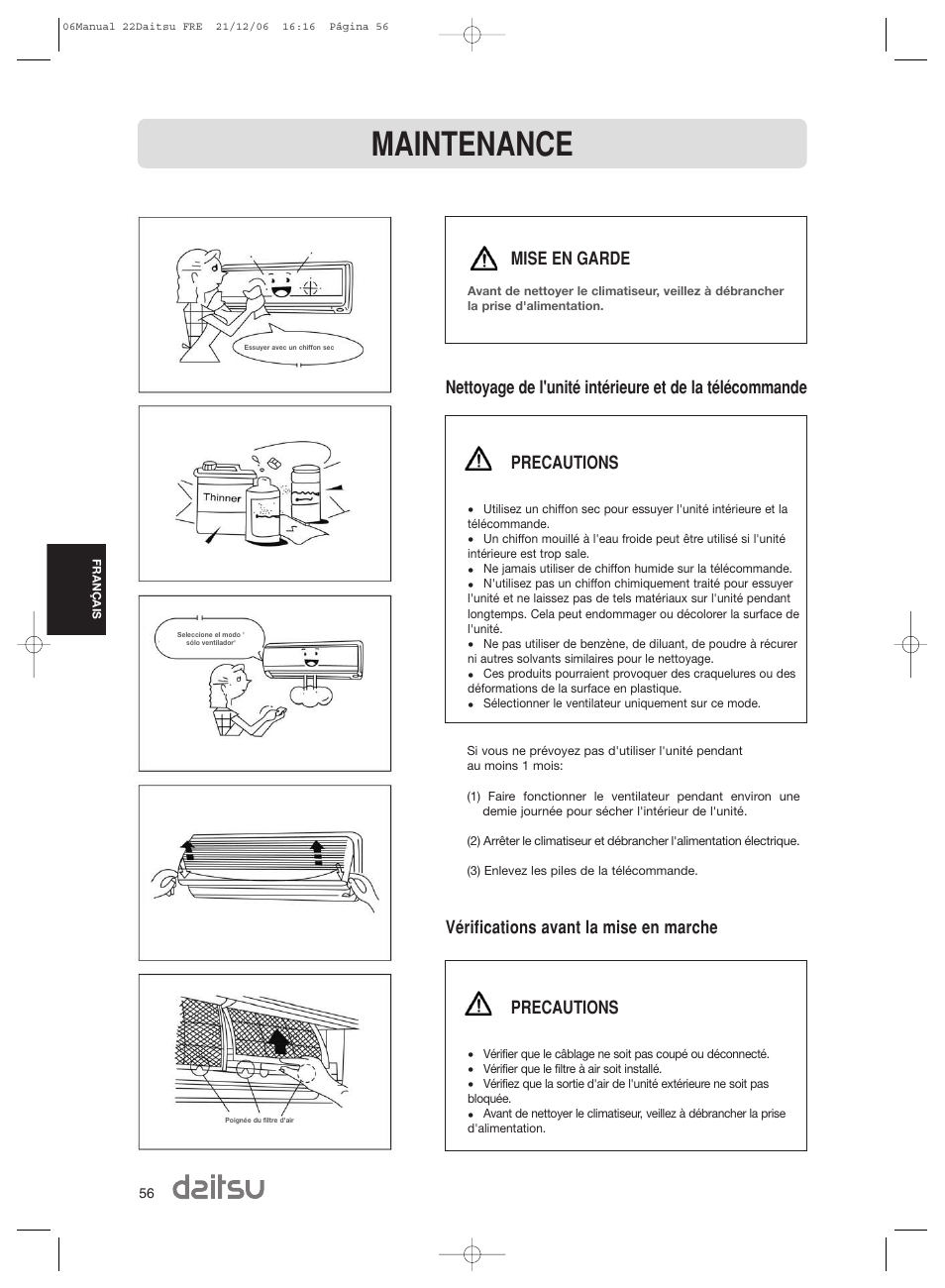 Maintenance, Mise en garde, Precautions | Daitsu ASD 129U11 User Manual | Page 58 / 98