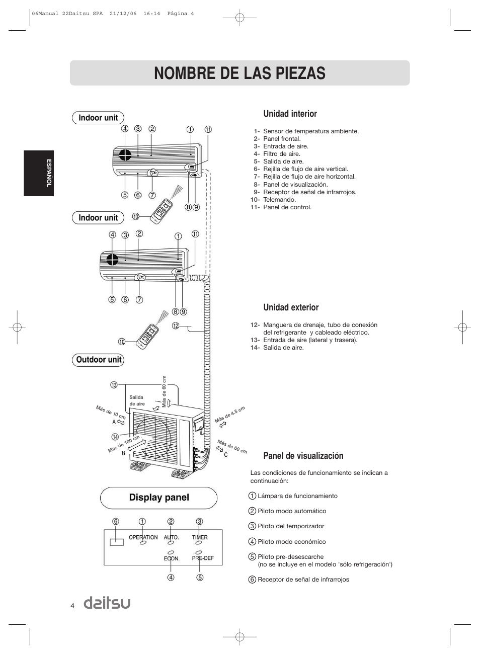 Nombre de las piezas, Unidad interior, Unidad exterior | Panel de visualización | Daitsu ASD 129U11 User Manual | Page 6 / 98