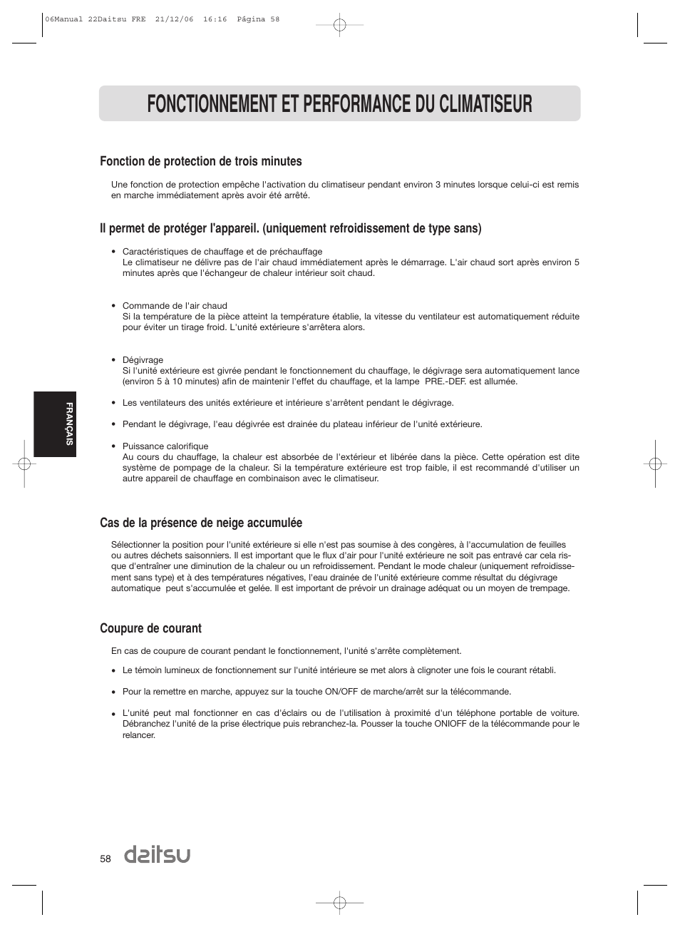 Fonctionnement et performance du climatiseur, Fonction de protection de trois minutes, Cas de la présence de neige accumulée | Coupure de courant | Daitsu ASD 129U11 User Manual | Page 60 / 98