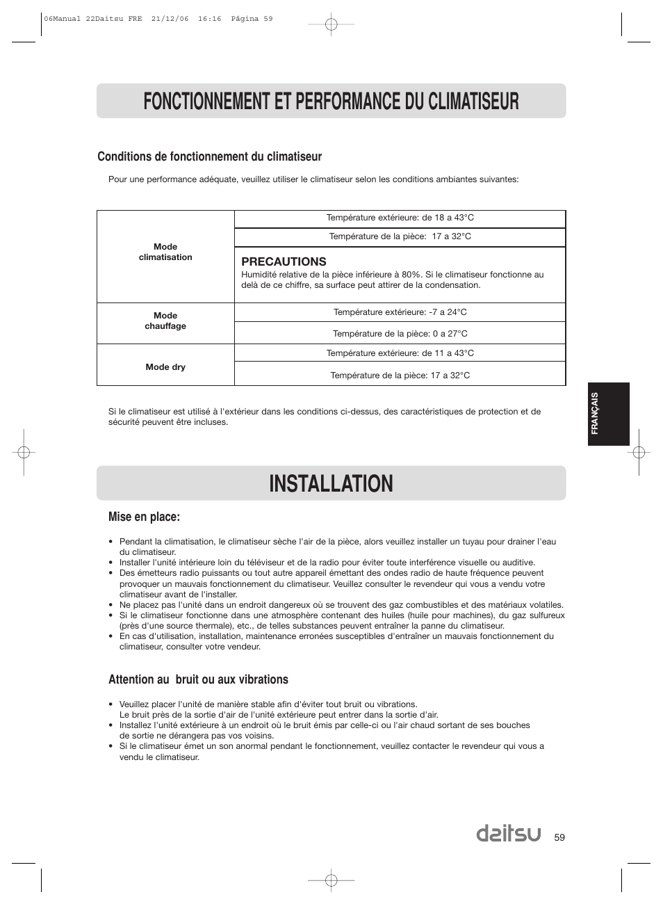 Fonctionnement et performance du climatiseur, Installation, Mise en place | Attention au bruit ou aux vibrations, Conditions de fonctionnement du climatiseur | Daitsu ASD 129U11 User Manual | Page 61 / 98
