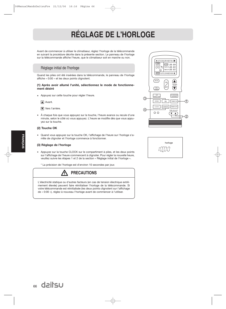 Réglage de l'horloge, Precautions | Daitsu ASD 129U11 User Manual | Page 68 / 98
