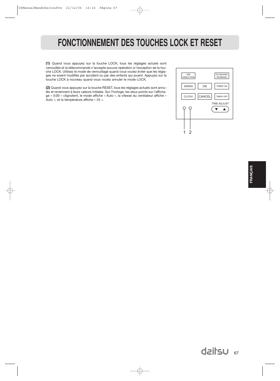 Fonctionnement des touches lock et reset | Daitsu ASD 129U11 User Manual | Page 69 / 98
