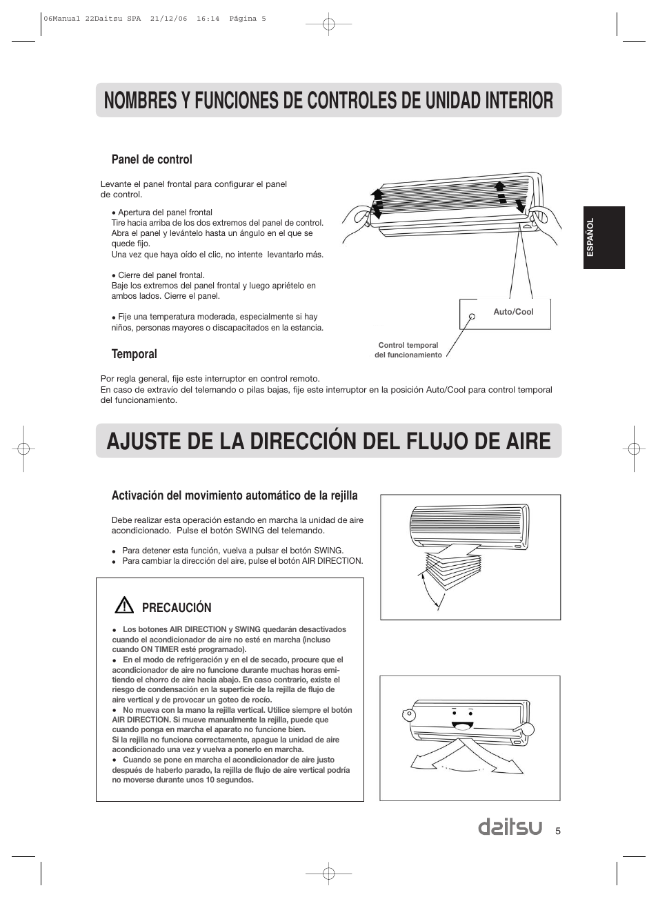 Panel de control, Activación del movimiento automático de la rejilla, Temporal | Precaución | Daitsu ASD 129U11 User Manual | Page 7 / 98