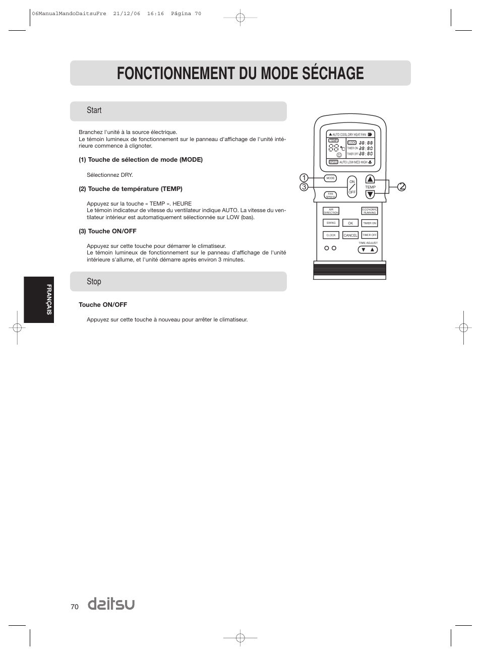 Fonctionnement du mode séchage | Daitsu ASD 129U11 User Manual | Page 72 / 98